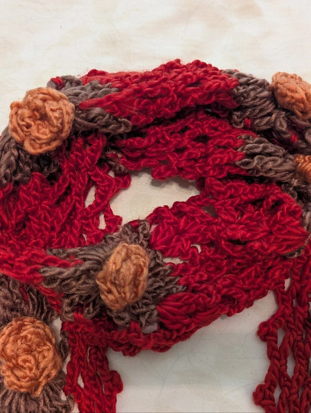 Beautiful Handmade red and brown crocheted scarf